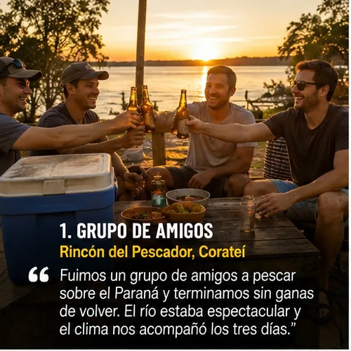 Grupo de amigos, Rincón del Pescador, Corateí: “Fuimos un grupo de amigos a pescar sobre el Paraná y terminamos sin ganas de volver. El río estaba espectacular y el clima nos acompañó los tres días.”