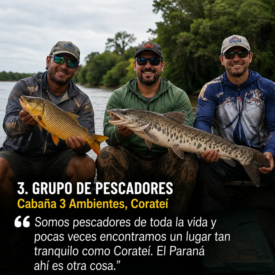 Grupo de pescadores, Cabaña 3 Ambientes, Corateí: “Somos pescadores de toda la vida y pocas veces encontramos un lugar tan tranquilo como Corateí. El Paraná ahí es otra cosa.”