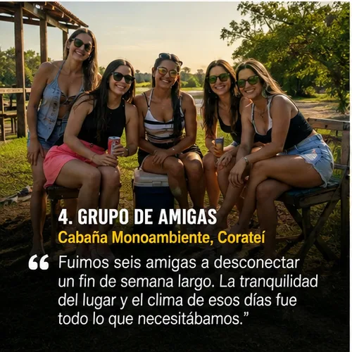 Grupo de amigas, Cabaña Monoambiente, Corateí: “Fuimos seis amigas a desconectar un fin de semana largo. La tranquilidad del lugar y el clima de esos días fue todo lo que necesitábamos.”