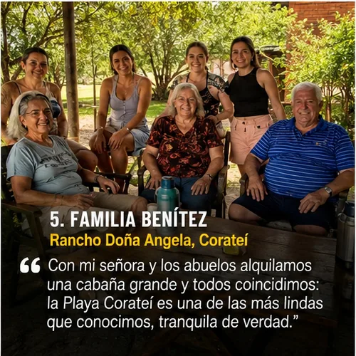 Familia Benítez, Rancho Doña Angela, Corateí: “Con mi señora y los abuelos alquilamos una cabaña grande y todos coincidimos: la Playa Corateí es una de las más lindas que conocimos, tranquila de verdad.”