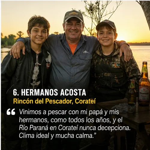 Hermanos Acosta, Rincón del Pescador, Corateí: “Vinimos a pescar con mi papá y mis hermanos, como todos los años, y el Río Paraná en Corateí nunca decepciona. Clima ideal y mucha calma.”